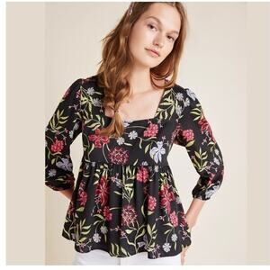 Anthropologie Dolan Cherie Floral Satin Babydoll Blouse XS Black